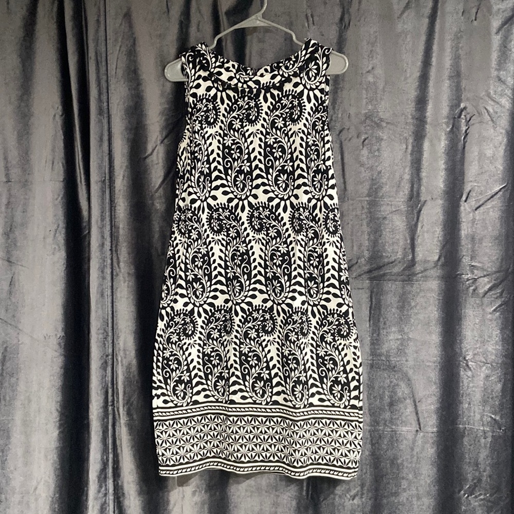 Talbots black and white paisley with pom Pom neckline